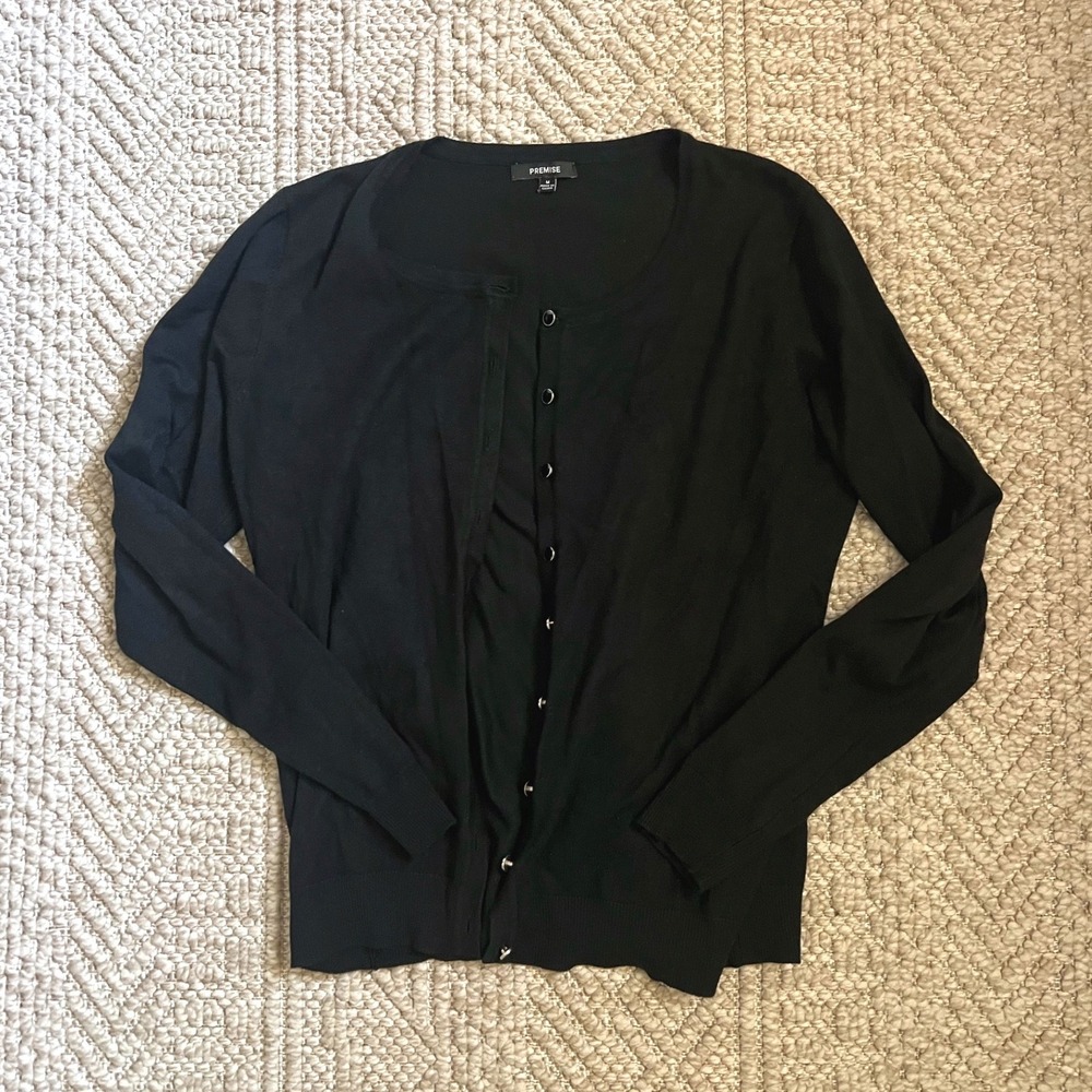 Premise Womens Black Button Front Cardigan Sweater Size Medium Scoop Neck Knit